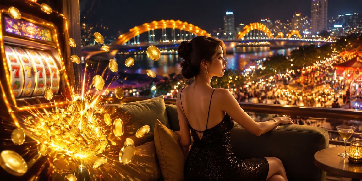 Cảnh chợ đêm Đà Nẵng về khuya, người dùng thưởng thức slot game trên điện thoại