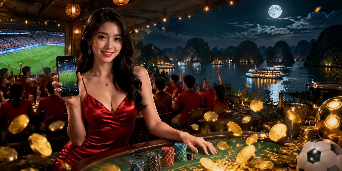 Người chơi trải nghiệm casino trực tuyến trên điện thoại với phong cảnh vịnh Hạ Long phía sau